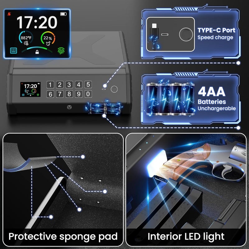 soliles خزنة مسدس، 3 طرق خزنة مسدس بيومترية مع شاشة LCD لعرض درجة الحرارة والرطوبة ومنفذ USB، مزود طاقة طارئ، صندوق قفل المسدس للمنزل وغرفة النوم وطاولة السرير والسيارة - Image 2